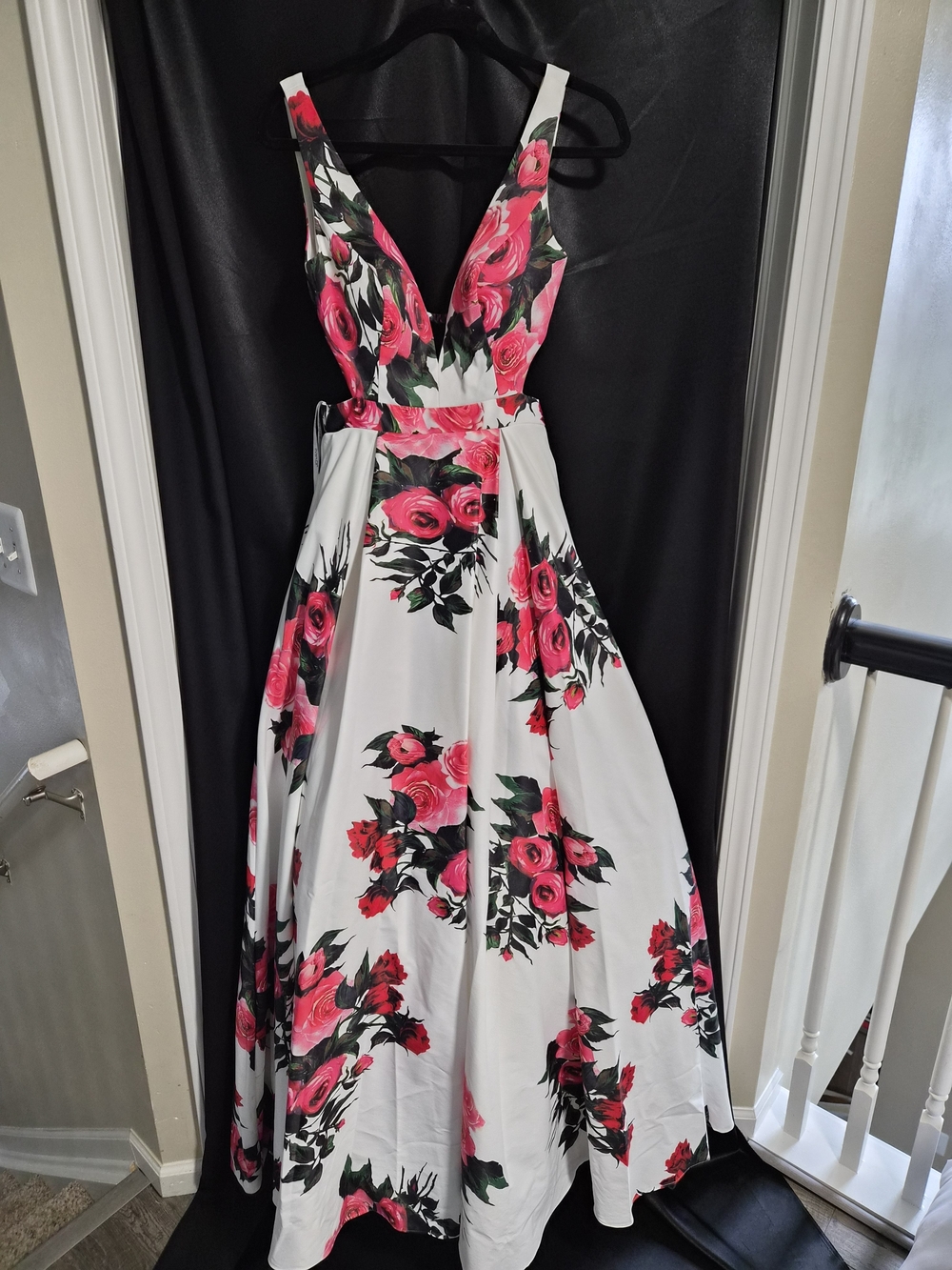 Floral V-Neck White & Pink Evening Dress